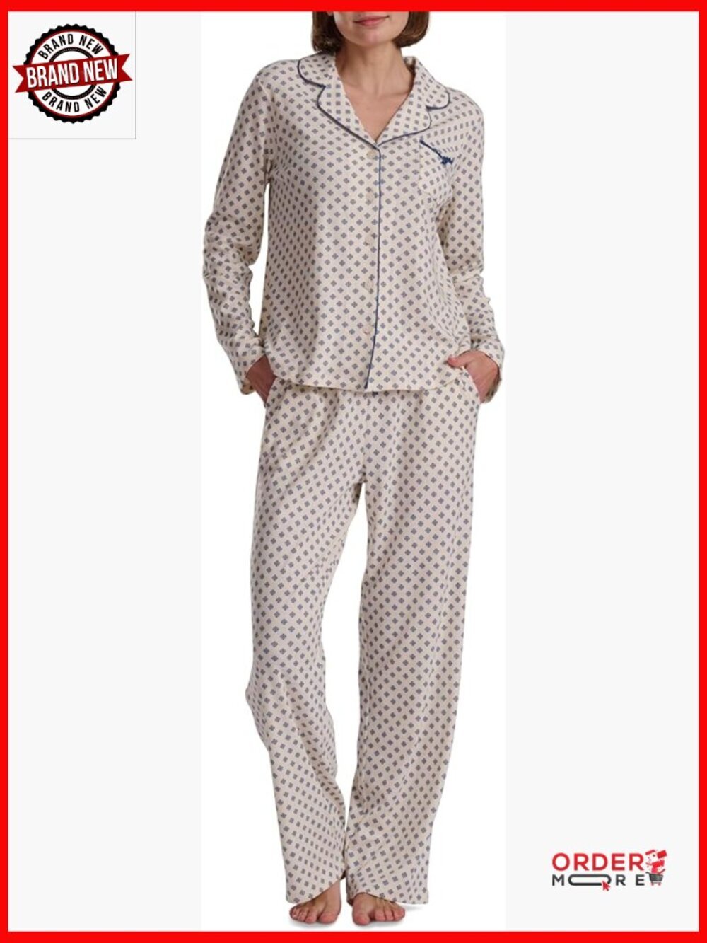 Womens Petite Long Sleeve Notch Collar Button Up Lace Pajama Set Size XL